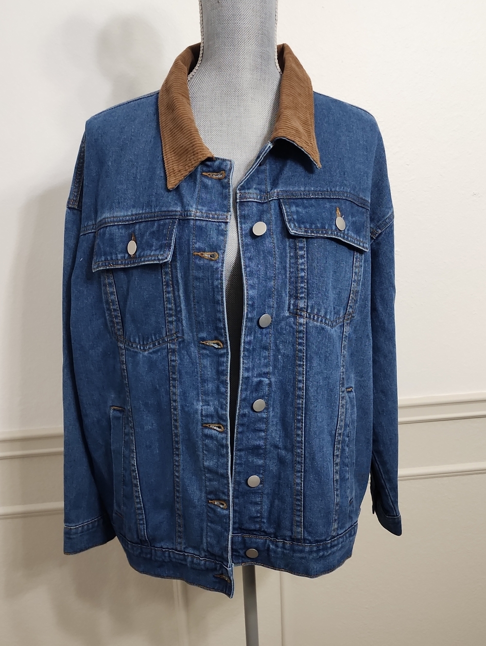 Cimuk Blue Denim Jacket with Brown Corduroy Collar Large